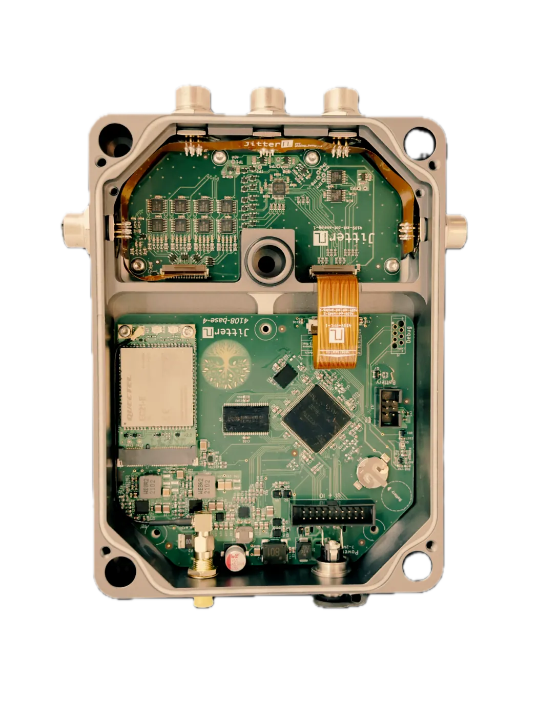 Een sensor-link hub in een aluminium behuizing, met 4G-module, hoofdprint en analoge uitbreidingsprint