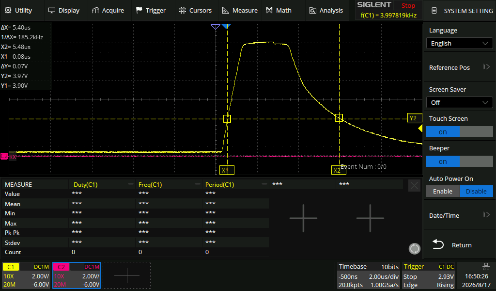 The same pulse measured on the scope, with the same rise time of about 1 microsecond