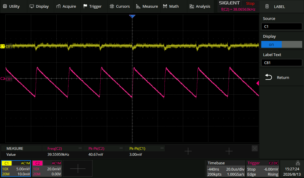 Scope measurement of the ripple before and after an LDO: 40 mV pk-pk at the input (pink) suppressed to < 3 mV pk-pk at the output (yellow)