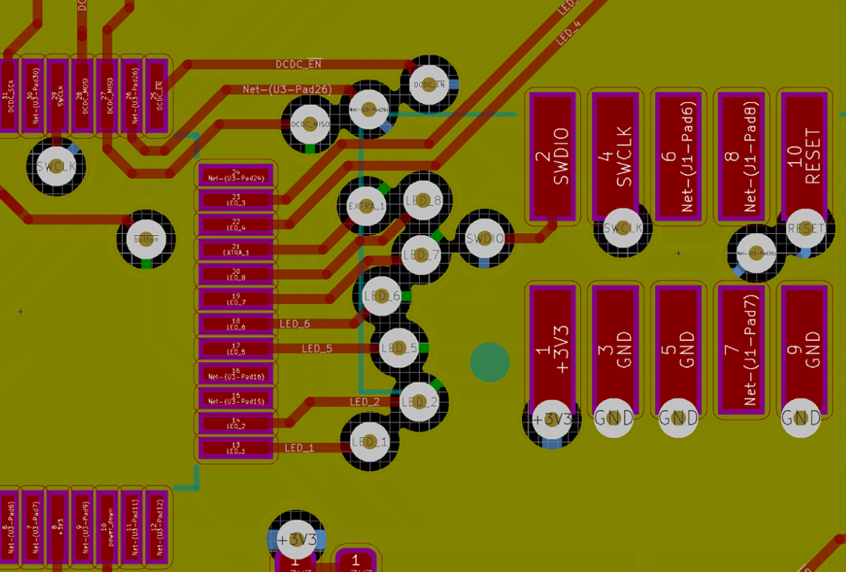 A group of vias forming an unintentional slot in the ground plane.